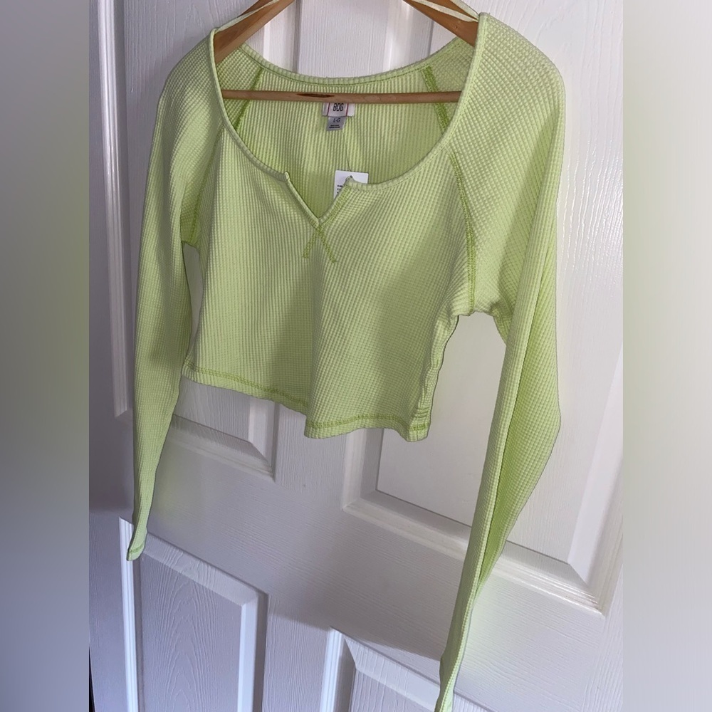 BDG Urban Outfitters Lime Green Theo Notch Neck Long Sleeve Cropped Top Size L - Picture 5 of 7